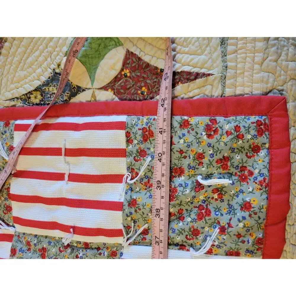 Machine Patchwork Quilt Red Stripe Floral Tied Cottage Farmhouse Throw 42x54‎ in